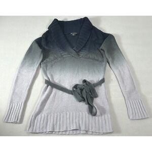 Sweater Project Ombre Shawl Collar Cable Knit Belted Sweater Navy Grey Large